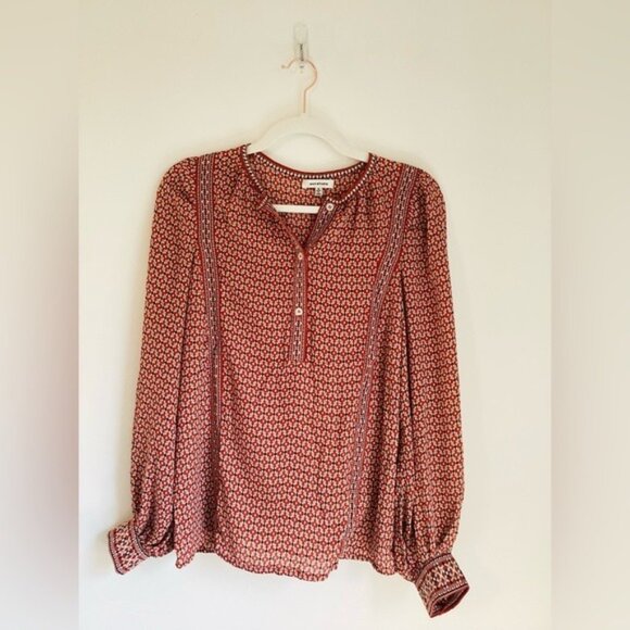 Max Studio Women's Red & Tan Dotted Long Sleeve Blouse 100% Polyester Size S - Picture 1 of 5